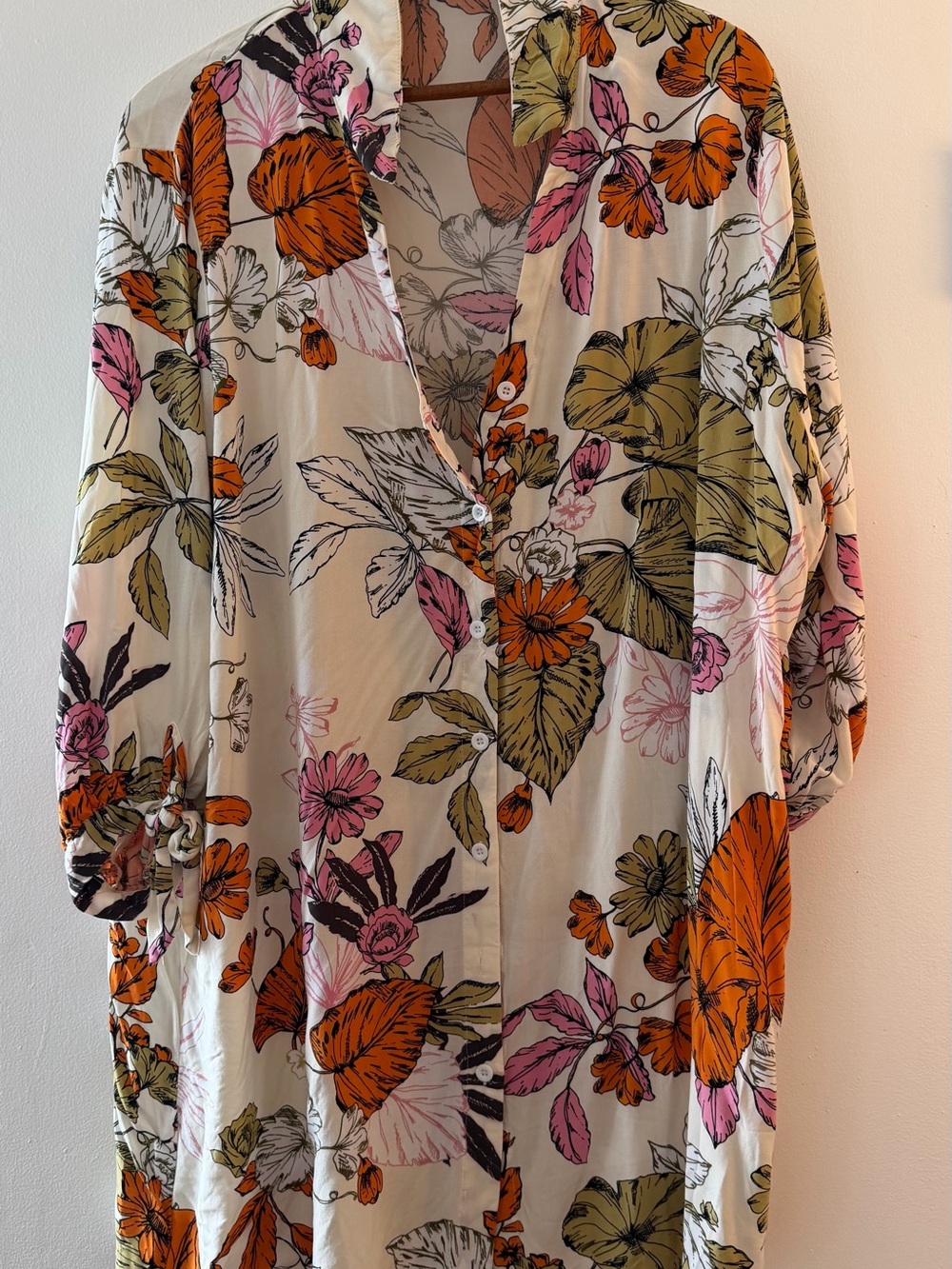 Floral Button-Front Women's beach cover up in Cream with Orange & Pink